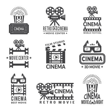 Video labels set. Cinema production badges in monochrome style. Cinema film center, movie and entertainment, production cinematography, vector illustration