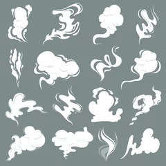 Fotobehang Stoom wolken. Cartoon stof rook geur vfx explosie damp storm vector afbeeldingen geïsoleerd. Rookstoom, damp en geur, dampwolk, aromaparfumillustratie © ONYXprj