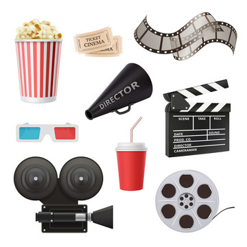Movie 3d icons. Camera cinema stereo glasses popcorn clapper and megaphone for film production vector realistic pictures. Cinema clapper, video reel and popcorn illustration