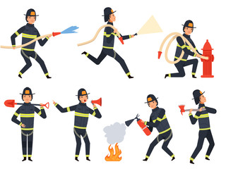 Fireman characters. Rescue firefighter saving helping people water and fire vector mascots in action poses. Firefighter character, fireman fighter illustration