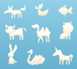 Shapes of animal clouds. Different funny cartoon clouds. Vector animal cloud in sky, fluffy silhouette bunny and unicorn illustration