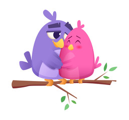 Love bird couples. Male and female animals cute birds sitting on branch st valentine vector concept background. Illustration of love couple, female and male valentine