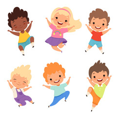 Jumping kids. Happy school children smile laugh boys and girls playing vector cartoon characters. Illustration of happy cartoon school boy and girl