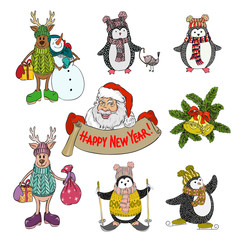 Set of cartoon cute New Year and Christmas characters hand drawn vector illustration