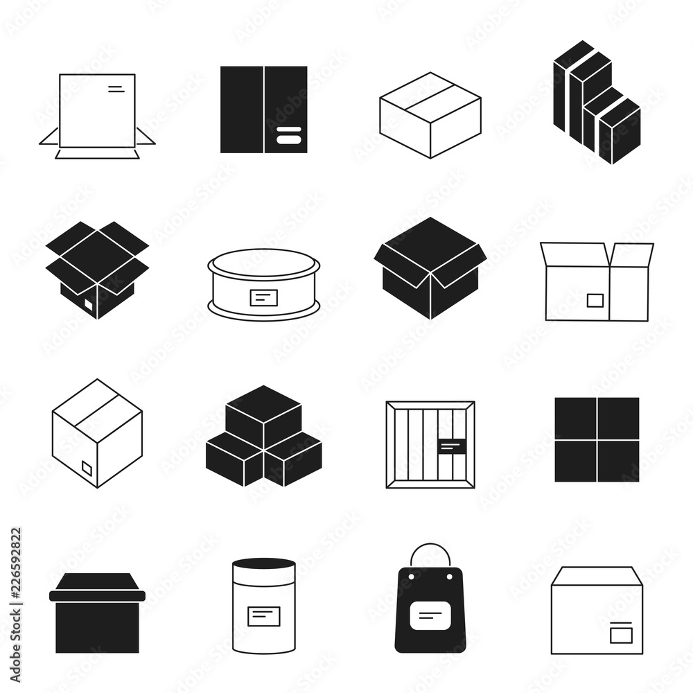 Poster box symbols. wooden and cardboard stack export boxes opened and closed vector simple icon set. illus