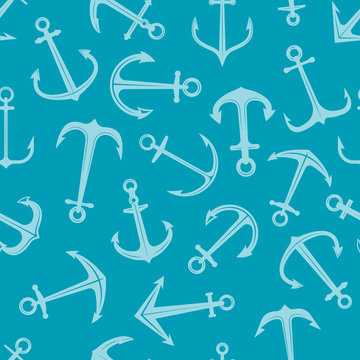 Marine Anchor Pattern. Navy Sailor Blue Ocean And Sea Symbols Vector Seamless Nautical Background. Anchor Marine Ship Seamless Pattern Illustration