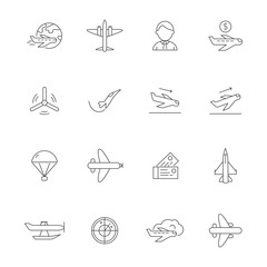 Aircraft line icons. Airplane travelling symbols of avia company vector outline pictures. Airplane travel, aircraft plane, air aviation outline illustration