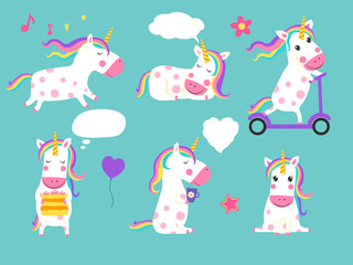 Cute vector unicorns. Cartoon characters isolate. Illustration unicorn animal, fairytale magic dream