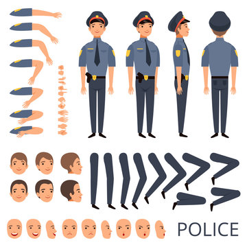 Policeman constructor. Security bodyguard profession character creation kit with shotgun various poses cap officer uniform. Construction part for animation and create illustration vector