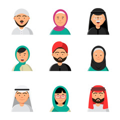 Islam people icon. Web arabic avatars muslim heads of male and female in hijab niqab vector saudi faces in flat style. Male and female muslim face, arab avatar illustration