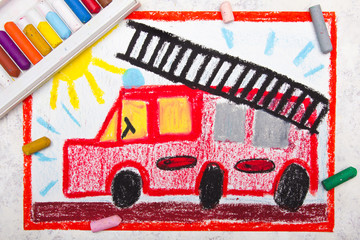 Fototapeta premium Colorful hand drawing: red fire truck with a ladder