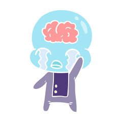 flat color style cartoon big brain alien crying