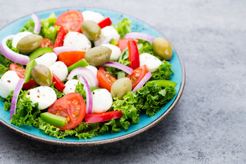 Vegetable salad with cheese mozzarella, tomatoes, basilikum and spice.