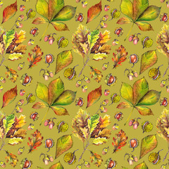Seamless pattern with oak leaves, chestnuts and acorns. Watercolor on green background.