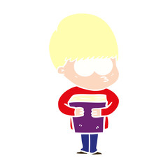 nervous flat color style cartoon boy holding book