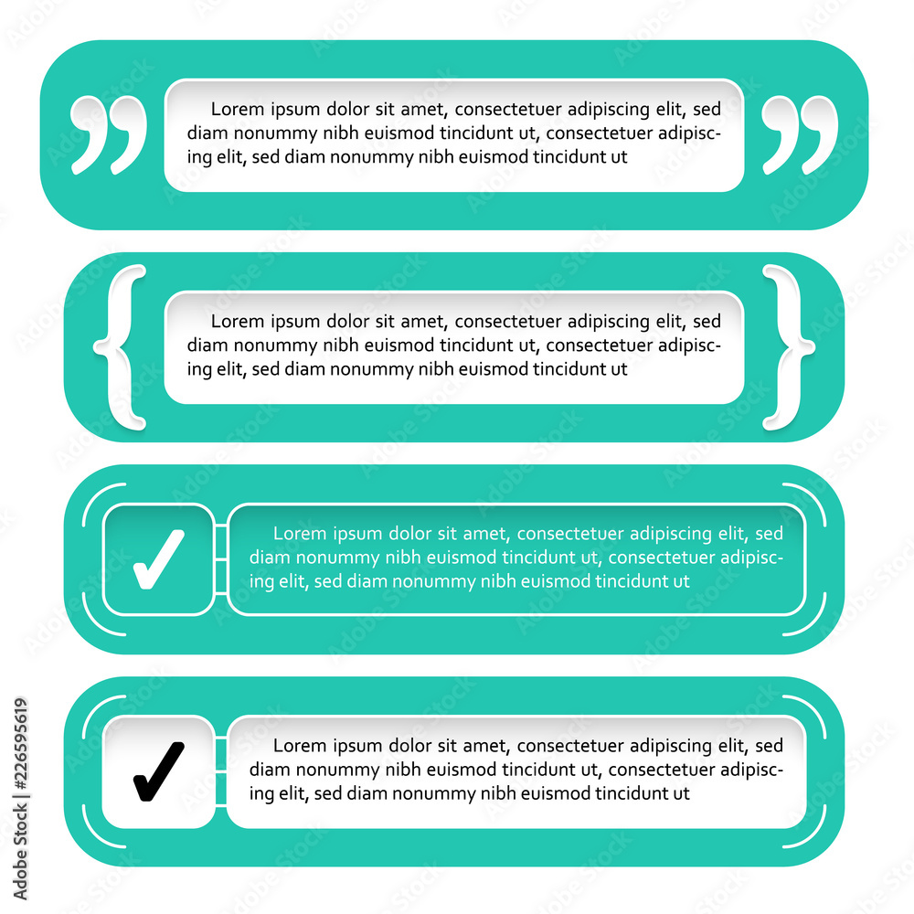 Poster four frames with checkbox, square brackets and quotation marks. vector concept for printed materials