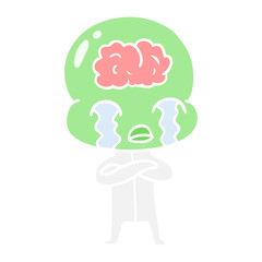 flat color style cartoon big brain alien crying