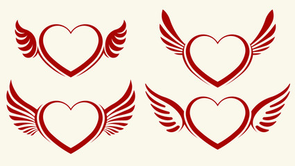 Set of four red vector hearts with wings