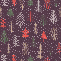 Christmas tree seamless pattern repeat tile. Green, brown, red doodle trees and snowflakes on purple background. Scandinavian Christmas design. Fabric, paper, gift wrap, card, web banner, invitations