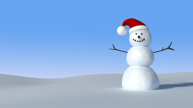 Snowman in snowy field wearing Santa hat 3D illustration