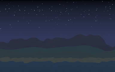 Naklejka premium Starry moonless sky. Ocean shore line with waves on a beach. Island beach paradise with waves. Vacation, summer, relaxation. Seascape, seashore. Minimalist landscape, primitivism. 3D illustration