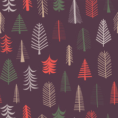 Christmas trees background. Seamless vector pattern repeat tile. Green, brown, and red doodle trees on purple. Scandinavian Christmas design for fabrics, paper, gift wrap, card, web banner, invitation