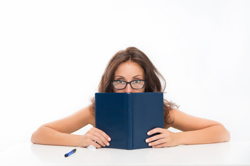 hidden content. back to school. business school teacher or student. sexy woman with red lips in glasses. Charming lady smiling at table. Business success. Reading is my hobby. Work hard play hard
