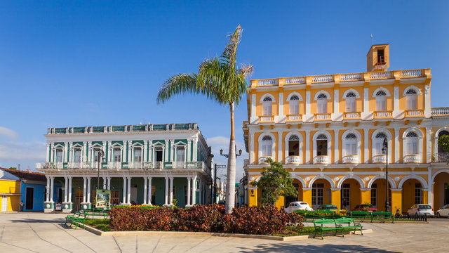 Colonial houses facing Serafin Sanchez Park, Sancti Spiritus, Cuba