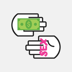 Conceptual two black line hands symbol holding pink word sex and dollar bill money icons on gray background