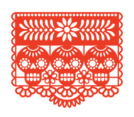 Dia de los Muertos. Papel Picado. Vector illustration of traditional Mexican paper cutting with skulls and flowers. Isolated on white.