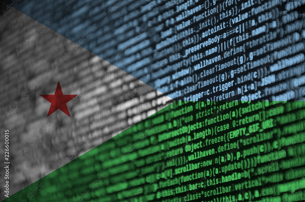 Poster djibouti flag is depicted on the screen with the program code. the concept of modern technology and 