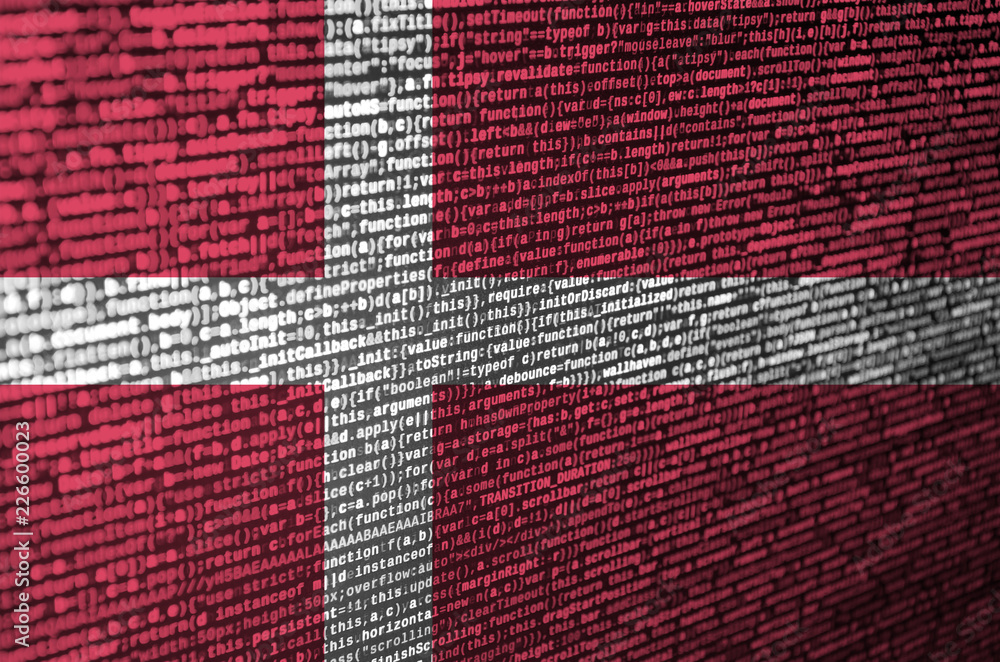 Poster denmark flag is depicted on the screen with the program code. the concept of modern technology and s
