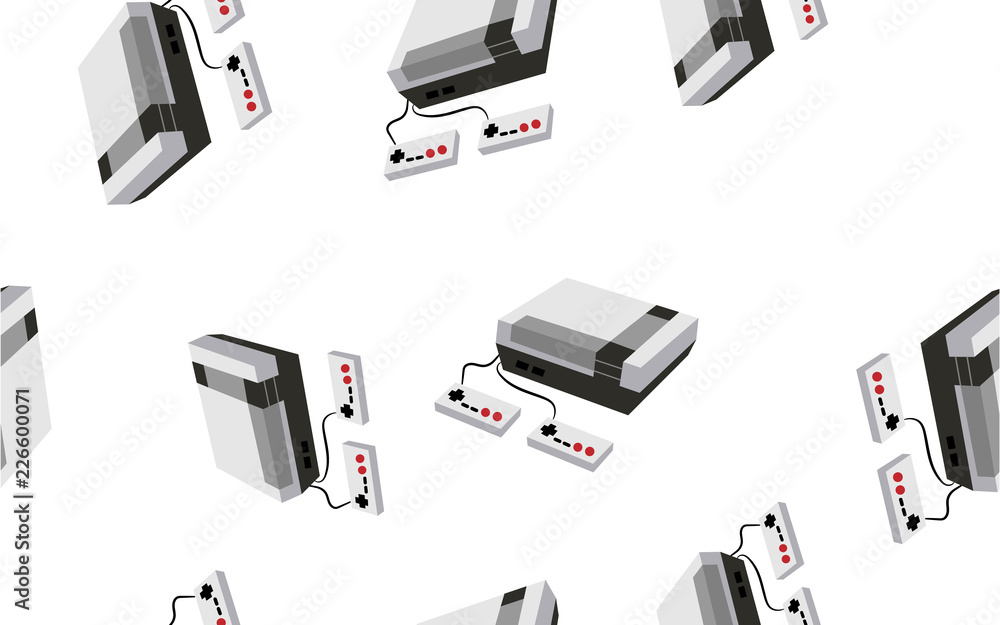 Poster texture, a seamless pattern of volumetric isometric video game consoles for computer and video games