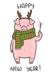 Happy New Year cute vector illustration with funny piglet
