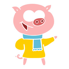 cheerful pig wearing winter clothes flat color style cartoon