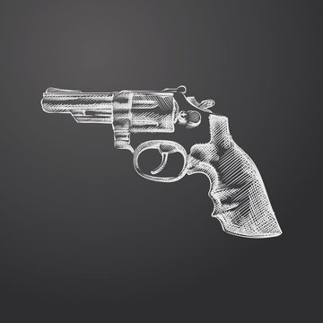 Hand Drawn Gun Sketch Symbol isolated on chalkboard. Vector Gun Shop Element In Trendy Style