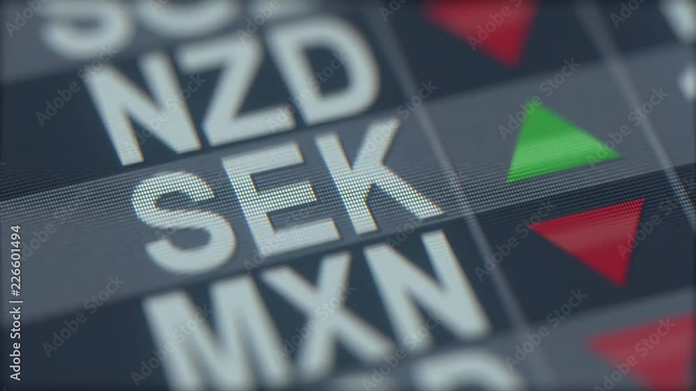 Poster increasing swedish krona exchange rate indicator on computer screen. sek forex ticker