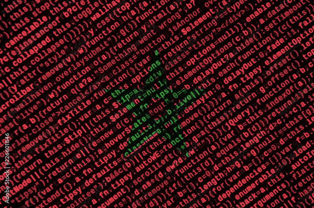 Poster morocco flag is depicted on the screen with the program code. the concept of modern technology and s