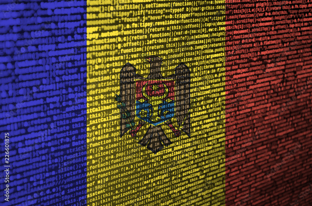 Poster moldova flag is depicted on the screen with the program code. the concept of modern technology and s