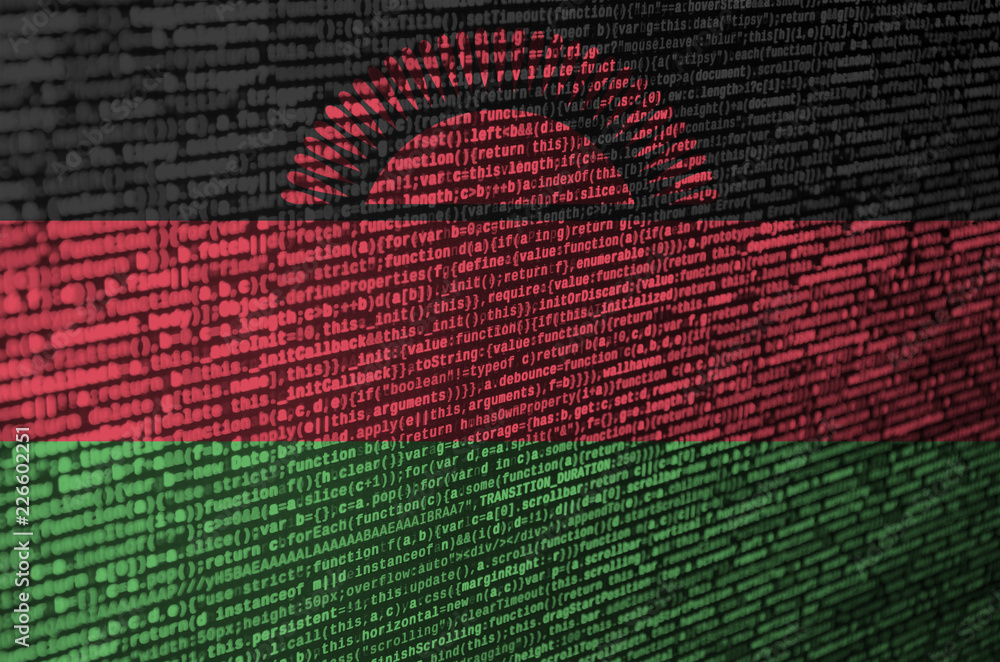 Poster malawi flag is depicted on the screen with the program code. the concept of modern technology and si