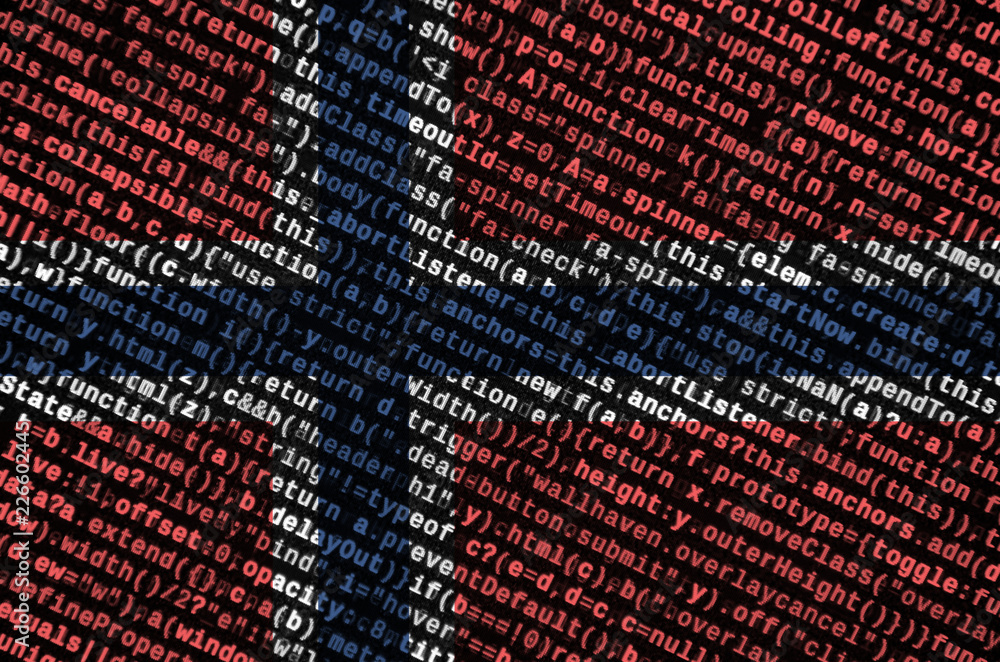 Poster norway flag is depicted on the screen with the program code. the concept of modern technology and si