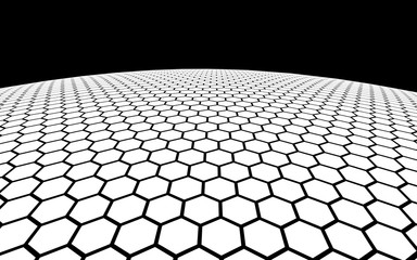 White honeycomb on a white background with a black horizon. Perspective view on polygon look like honeycomb. Ball, planet, covered with a network, honeycombs, cells. 3D illustration