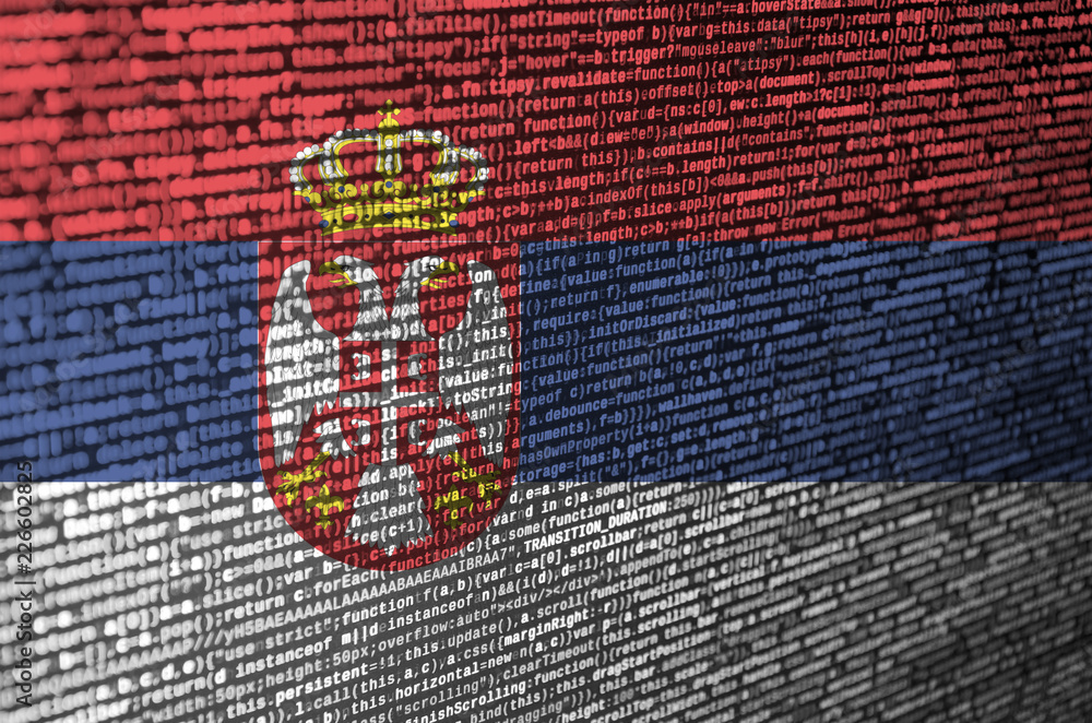 Poster serbia flag is depicted on the screen with the program code. the concept of modern technology and si