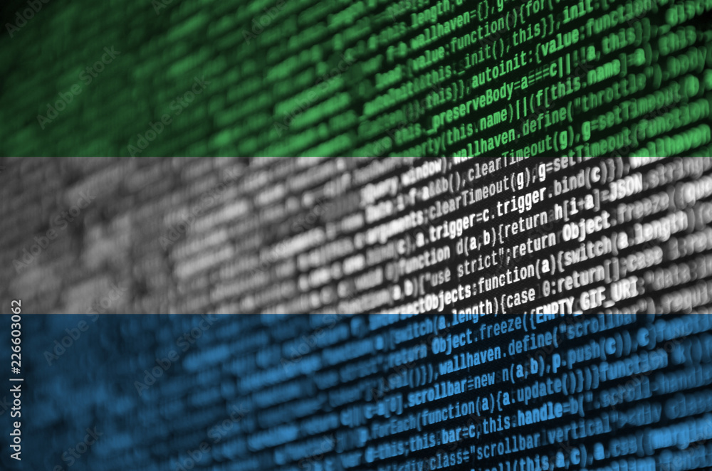 Poster sierra leone flag is depicted on the screen with the program code. the concept of modern technology 