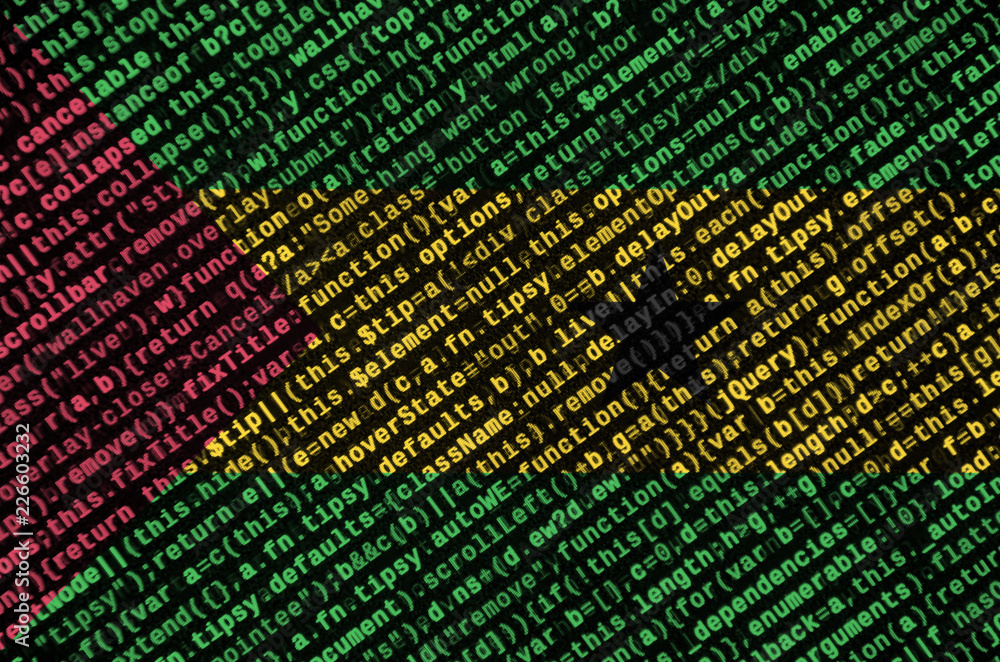 Poster sao tome and principe flag is depicted on the screen with the program code. the concept of modern te