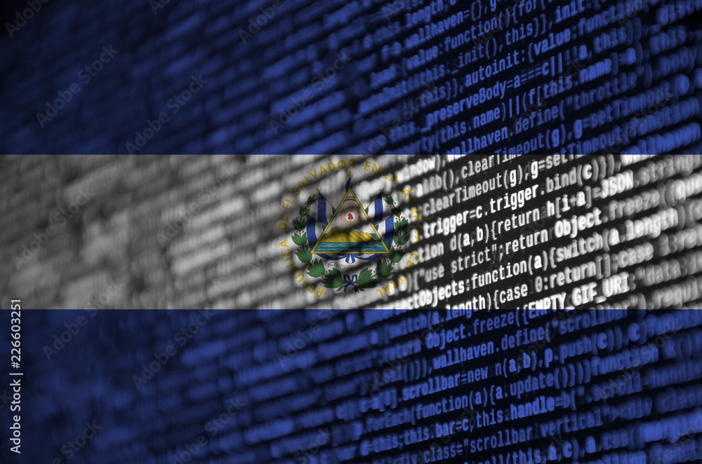 Poster el salvador flag is depicted on the screen with the program code. the concept of modern technology a
