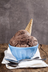Ice cream in the bowl with cone.