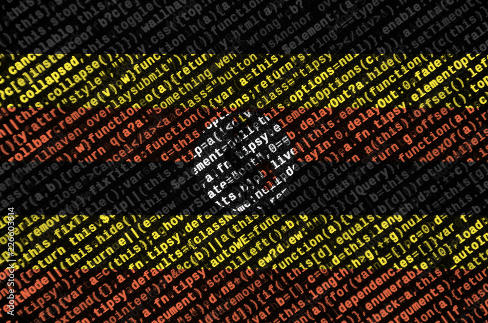 Poster uganda flag is depicted on the screen with the program code. the concept of modern technology and si