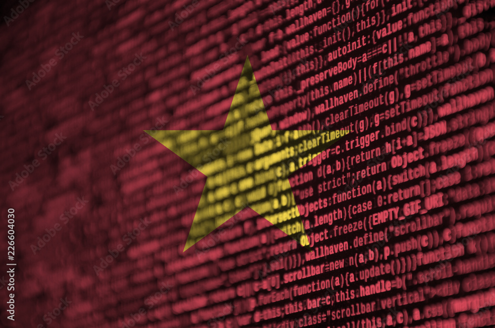 Poster vietnam flag is depicted on the screen with the program code. the concept of modern technology and s