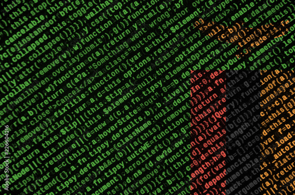Poster zambia flag is depicted on the screen with the program code. the concept of modern technology and si